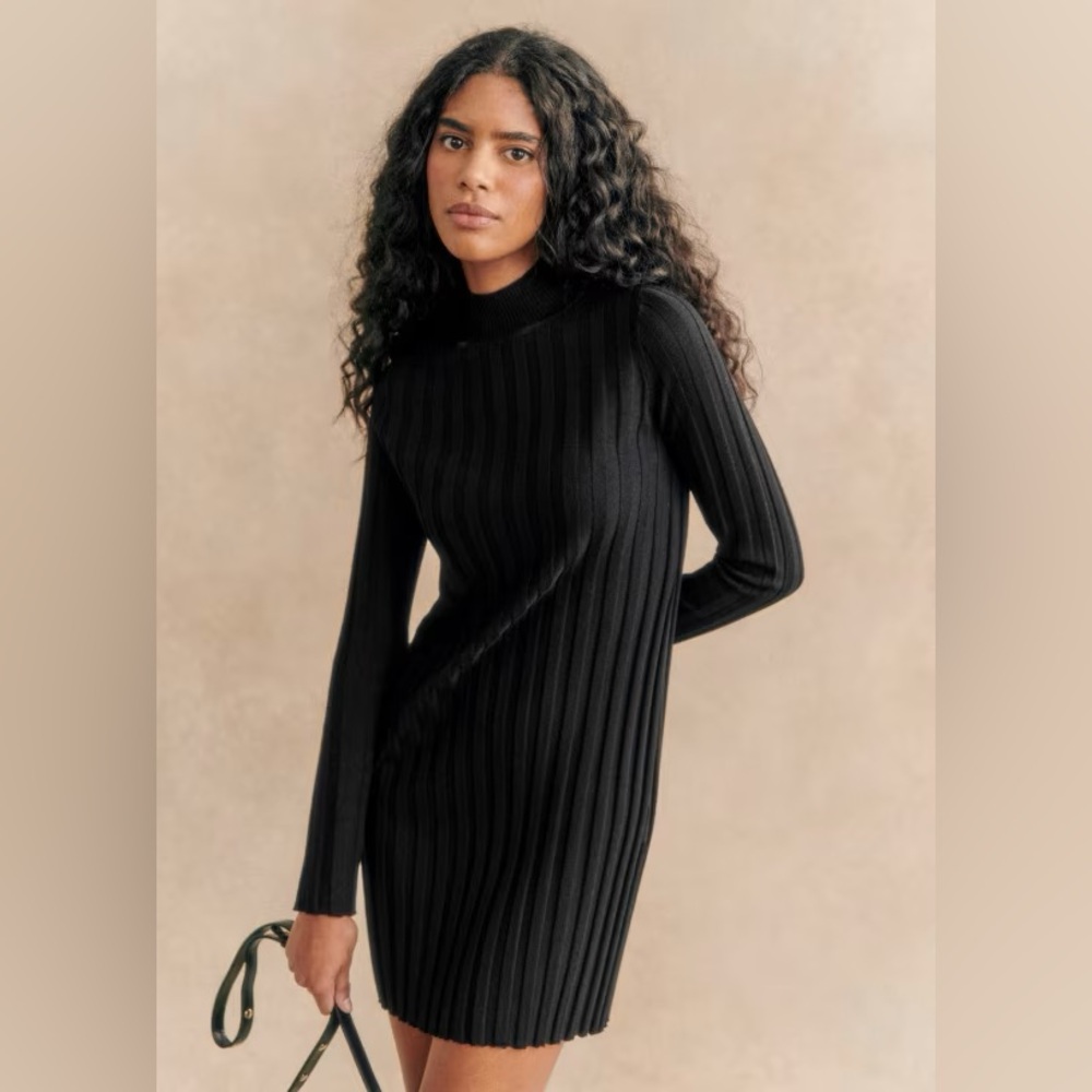 Sezane Black Ribbed Mini Sweater Gabriella Dress